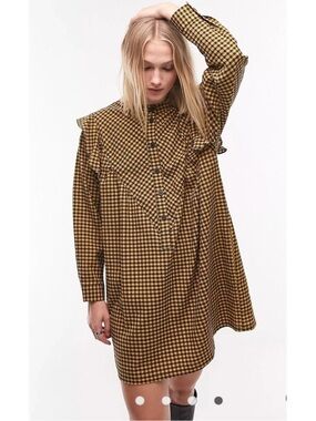 Top Shop Checked Ruffle-Yoke Shirt Dress in Mustard Black